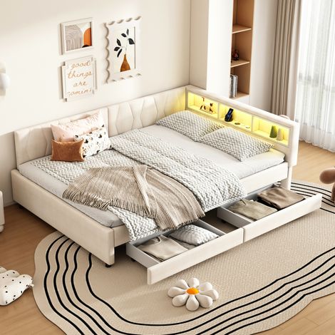 Lit avec tiroirs 140x200, LED, USB, lin beige OKMYHOME (1/5)