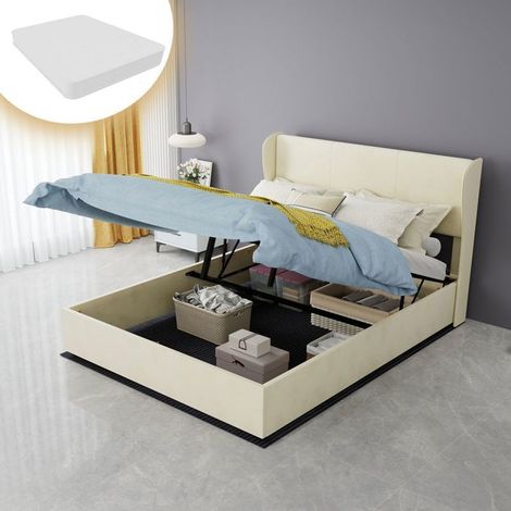 Lit rangement - SOGEU - Lit Rangement 140 x 200 cm - Tête de lit rembourrée - Coffre à vérin - Matelas inclus (1/5)