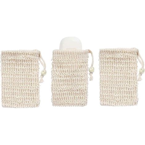 Sac à Savon en Sisal, Sac à Savon Bio, Sachets à Savon en Coton, Naturel Sachet à Savon Avec Cordon Déal pour la Baignade et le Lavage pour Massage Exfoliant Favorise la Circulation Sanguine, 3Pcs