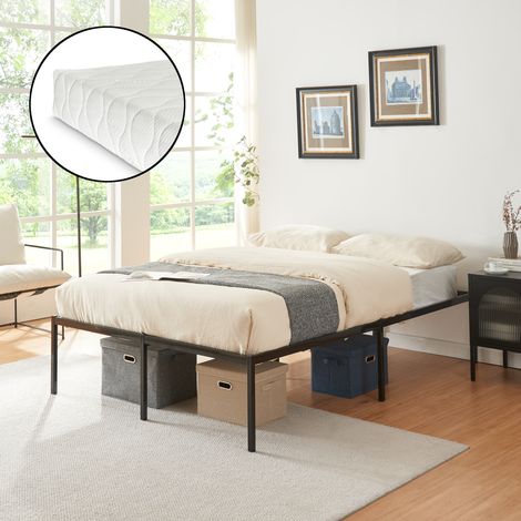 Cama de metal Vårdö con somier y colchón 140x200 cm - Negro [en.casa]
