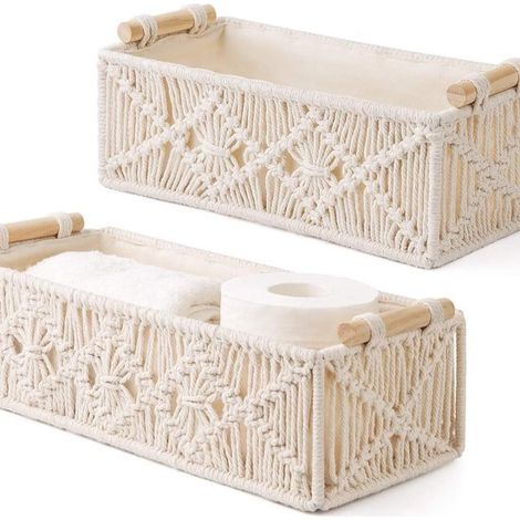 2 paniers tressés - Boîte de rangement tressée à la main - Boîte de rangement - Boîte de rangement de bureau - Panier de rangement - Style bohème - Blanc (1/5)
