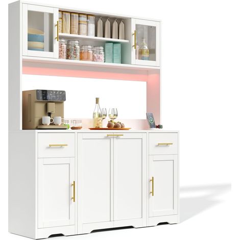 Hoher Küchenschrank mit 2 Schubladen, Verstellbaren Böden, Ausziehbarem Mülleimer, RGB-LED und Steckdosen, MDF Weiß, 140 x 40 x 173 cm (1/5)