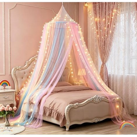 1 pièce moustiquaire lit, fixation plafond, ciel de lit enfant, motif arc-en-ciel, tissu maille transparente, pour lits simples doubles et berceaux (1/4)