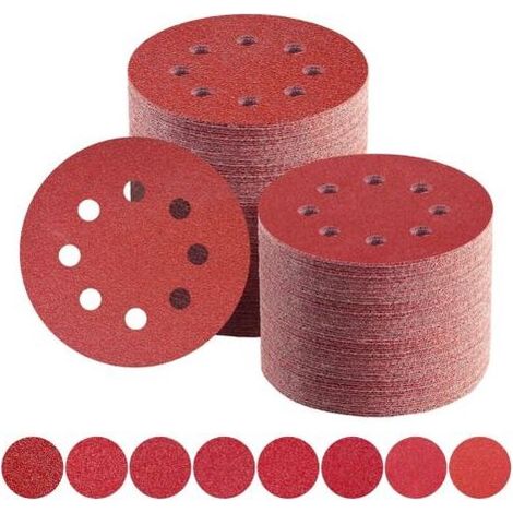 Disques de ponçage de 125 mm, grain mixte 40/60/80/100/120/150/180/240, papier de verre, 80 pièces, disques de ponçage à 8 trous pour ponceuses orbitales aléatoires. (1/5)