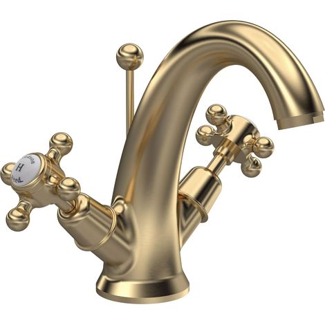 Hudson Reed Topaz Dome Mono Basin Mixer Tap Dual Handle with Pop Up Waste - Brushed Brass