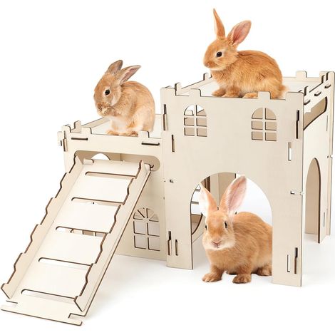Grande maison à lapin en bois avec rampe, château à lapin emboîtable et démontable avec cachette et plateforme d'observation, niche pour petits animaux d'intérieur et d'extérieur pour lapins et (1/5)