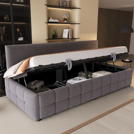 lit coffre 90x200 cm velours gris HAVRYA (1/5)