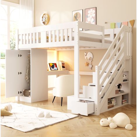 DESVIAE Lit mezzanine 140 x 200 cm avec escalier de rangement bureau prise euro LED multicolore armoire banc de rangement garde corps haut bois blanc (1/5)