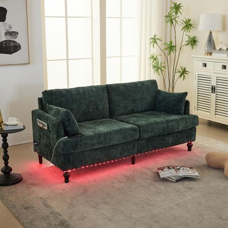 Modernes 2-Sitzer-Sofa aus Chenille mit Holzbeinen, LED-Beleuchtung, USB-Ladeanschluss und Aufbewahrungstasche, 175 x 83 x 78 cm, Grün