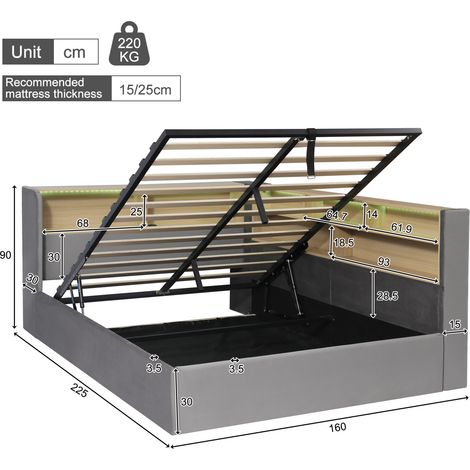 Letto daybed 140x200 cm grigio in velluto con contenitore idraulico, LED e porte USB-C (1/5)