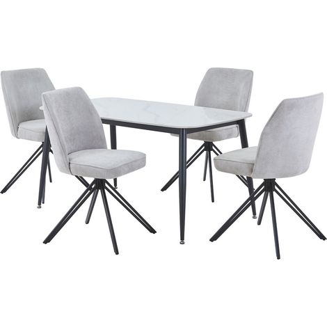 Aspen Gloss White Sintered Stone Rectangular Table & 4 Light Grey Swivel Dining Chairs - Metal/Fabric - L69 x W46 x H92 cm