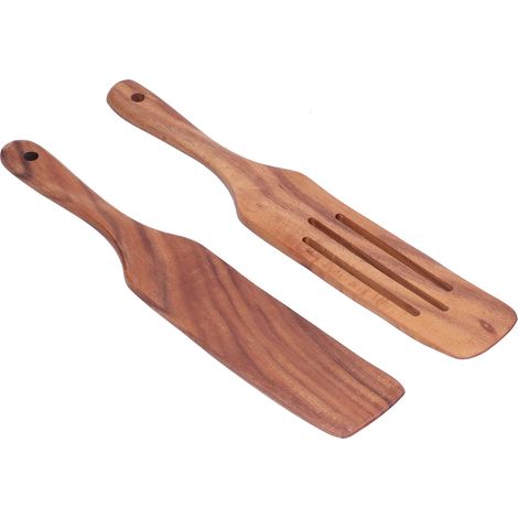 Lot de 2 spatules ajourées en bois simple avec long manche pour la préparation et le mélange de salades. (1/5)
