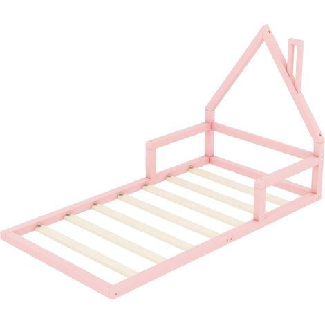 Cama infantil 90 x 200 cm de pino y MDF rosa con diseño de casita (1/5)