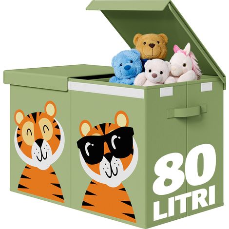 Box Contenitore Giocattoli con Animali Doppio Pieghevole 80L Verde Salvaspazio