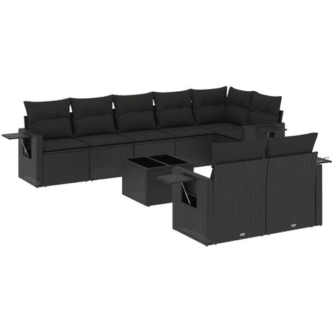 vidaXL Set Divani da Giardino 9 pz con Cuscini Nero in Polyrattan (1/3)