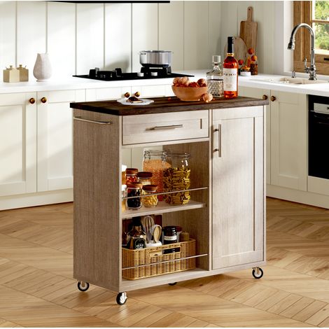 MODFU – Desserte cuisine 90x62x90 cm MDF naturel – Tiroir, placard et étagères – Roulettes freinées – Naturel (1/5)