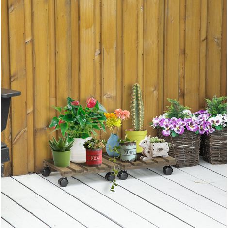 Juego de 2 soportes rodantes para plantas 30x30x7 cm, con frenos, madera marrón (1/5)