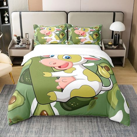 Vache 100% Coton Housse de Couette 200x200cm Enfants Lait Vache Avocat Parure de Lit filleadolescent animé Ferme Animaux Literie Set Fruits Ensemble de lit Vert Ensemble de Literie - 200 x 200 cm + 2 (1/5)