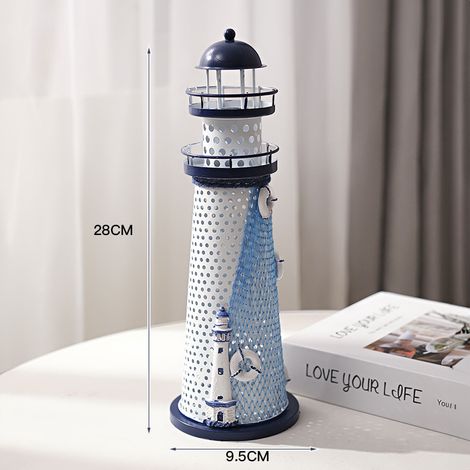 Lampe de phare LED décorative artisanale, veilleuse lumineuse style marin méditerranéen pour maison, lanterne artisanale bleue et blanche, cadeau nautical décor intérieur. (1/4)