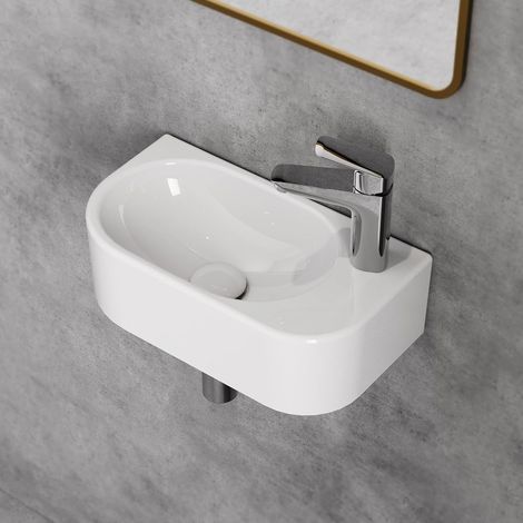 HOROW Lavabo ovale 40 cm piccolo in ceramica bianca con foro destro (1/5)