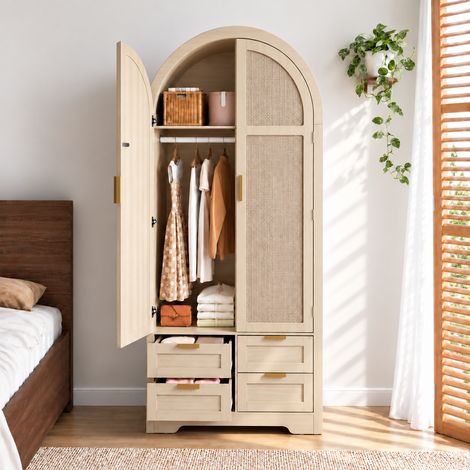 Armoire penderie, dressing pour chambre et entrée avec tringle et crochets, 2 portes en arche cannage rotin et 4 tiroirs en MDF 80x50x180 cm, Chêne (1/5)