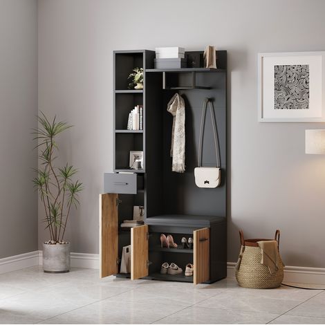 MEUBLIV Vestiaire d'entrée 80x35x175 cm noir et bois – banc à chaussures avec rangement (1/5)