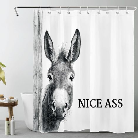 Âne de la Ferme Rideaux de Douche 120x175cm Citation drôle Nice Ass Rideaux de Bain avec Crochets,Gris et Blanc Extra Court Imperméable Polyester Anti Moule Salle de Bain Décor (1/5)