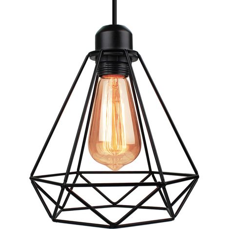 Pendelleuchte, Hängelampe im Industri Stil, Kronleuchter mit Ø20cm Diamant Käfig für Wohnzimmer Schlafzimmer Esszimmer Schwarz - 1 Flammig