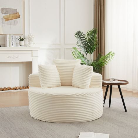 Canapé rond lounge 1 place diamètre 110 cm avec 3 coussins, larges accoudoirs, mousse à ressorts, base antidérapante, velours côtelé beige (1/5)