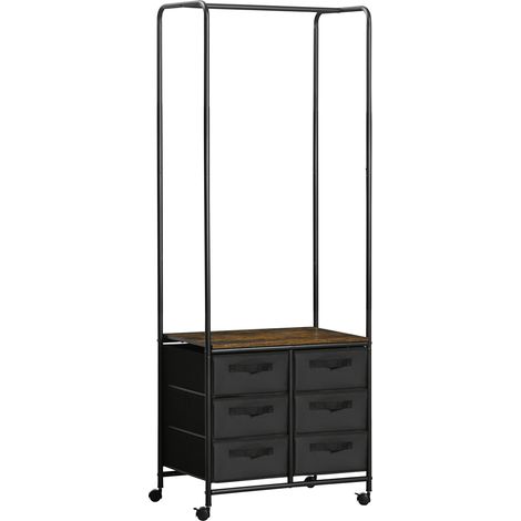 Meuble dressing penderie style industriel avec 6 tiroirs en tissu et 4 roulettes 63,5 x 40 x 172,5 cm noir marron