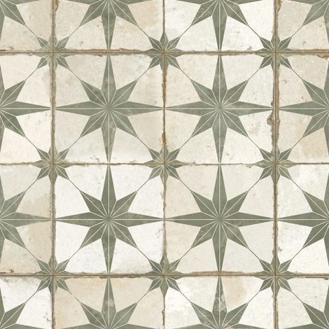Carrelage Vintage effet Carreau ciment Etoile Verte et Fond Blanc 45x45x0,95 cm Sparta - Sol et mur intérieur (vendu par carton de 1 m²) - RO'MA CARRELAGE
