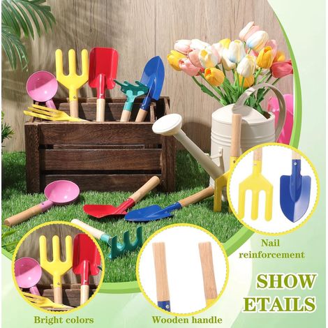 LATERN 10 Pièces Outils de Jardinage pour Enfants, 20CM Jouet de Plage Métal Cuillère Fourchette Truelle Râteau Pelle avec Manche en Bois pour Enfants Cadeau Jardin Terre Repiquage Été Plage Creuser (1/4)