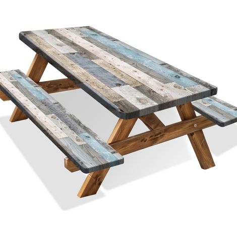 Set aus Picknicktischdecken (inkl. passender Bankbezüge), wasserdicht, dehnbar, rechteckige Tischdecke mit Holzmaserung in Blau