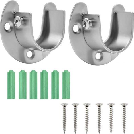 2 Supports de tringle à rideaux, Acier inoxydable, Forme U 25mm, 3 trous fixation, Charge 100kg, Pour mur et bois (1/5)
