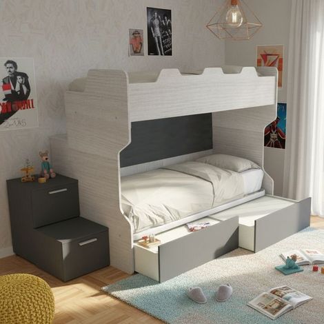 Letto a castello salvaspazio con scala a cassettoni e camminatoio - Rovere rock