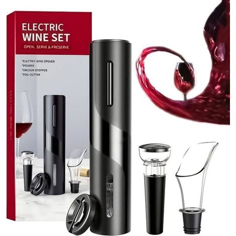 Tire-bouchon électrique 4 en 1, ouvre-bouteille automatique avec coupe-capsule, verseur et bouchon à vin, noir-AquaForge (1/4)
