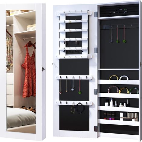 Armoire à bijoux murale avec miroir, crochets et compartiments en bois, idéale pour ranger boucles d'oreilles, colliers et bagues. Dimensions : 37 x 9,5 x 112 cm. Couleur : blanc.