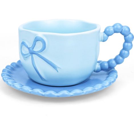 Tasse à café 350 ml bleu boucle, porcelaine, céramique, avec anse et soucoupe. (1/5)