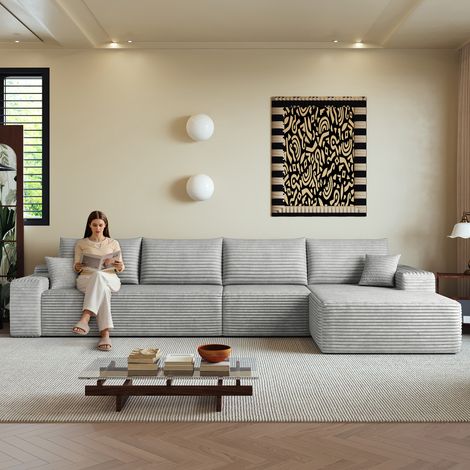Canapé d'angle 340 cm en mousse sans os avec méridienne en L, canapé modulable moderne à assise profonde, livré monté, canapé compressible pour salon, chambre, appartement, gris (1/5)