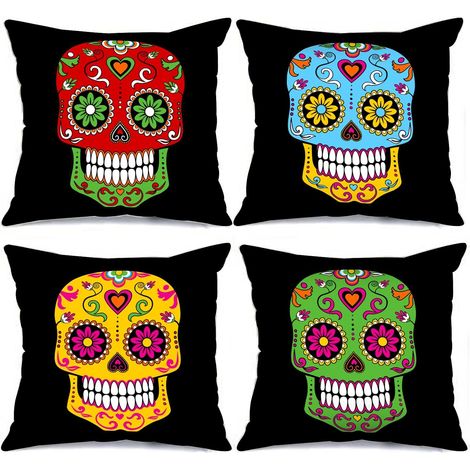 JSSEVN - Set of 4 decorative square cushion covers printed with skull and flower design, for sofa, car, home decor, gifts, 45 x 45 cm (1/5)