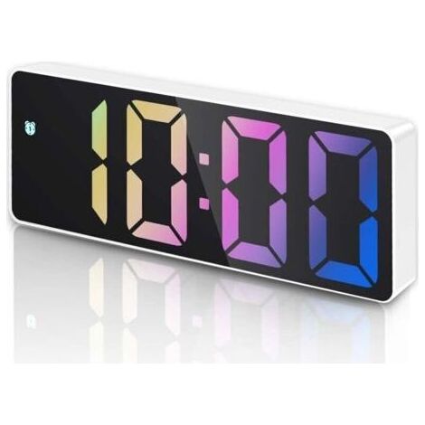 Digitaler Wecker mit Schlummerfunktion, LED-Anzeige für Temperatur und Datum, Sprachsteuerung, USB-/Batteriebetrieb, weißes Gehäuse und farbige Ziffern (1/4)