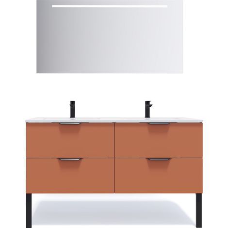 Meuble de salle de bain suspendu double vasque intégrée 140cm 4 tiroirs Terracotta + miroir - Soho (1/5)