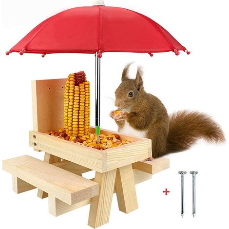 Table d'alimentation en bois épais pour écureuil, pique-nique décoratif pour jardin extérieur, parc, couleur bois naturel avec parapluie rouge (1/5)