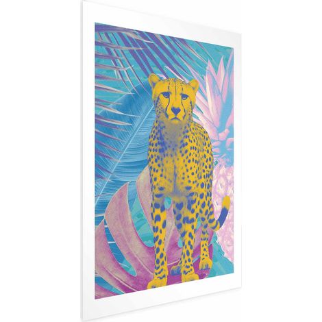 Exotisches Leopardenposter – Farbenfrohes Porträt eines Geparden vor tropischem Blätterhintergrund