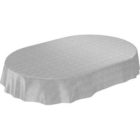 1 Nappe ovale 140x200cm, toile cirée aspect lin, gris, lavable 30°C, intérieur extérieur