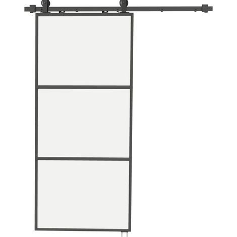 Puerta corredera de vidrio esmerilado negro con sistema de riel, cierre suave y kit de montaje (1/5)