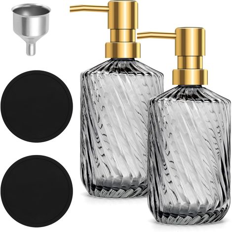 2er-Set Seifenspender Glas 450 ml mit 2 schwarzen Untersetzern & 1 Trichter – Nachfüllbarer Soap Dispenser für Küche & Bad, Grau