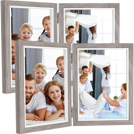 Lot de 2 cadres photo doubles pliables - 13 x 18 cm - En bois - Avec verre - Pour 2 photos - Collage pour le bureau (Gris foncé) (1/5)