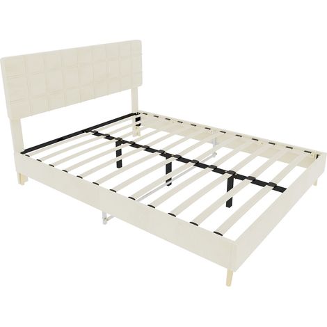 Cama doble beige de tela con cabecero capitoné a cuadros 160 x 200 cm (1/5)
