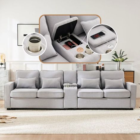 Canapé 4 places, tissu lin Canapé salon, console, 2 ports USB, 2 porte-gobelets, poches accoudoirs, 4 coussins (1/5)